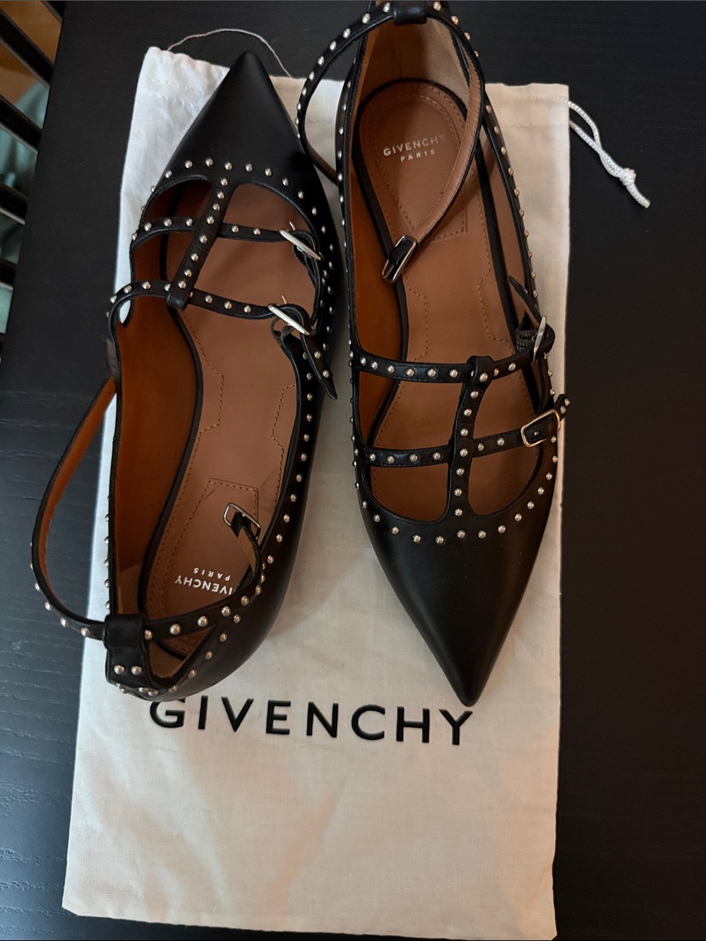 Givenchy Black Studded T-Strap Pointed Flats